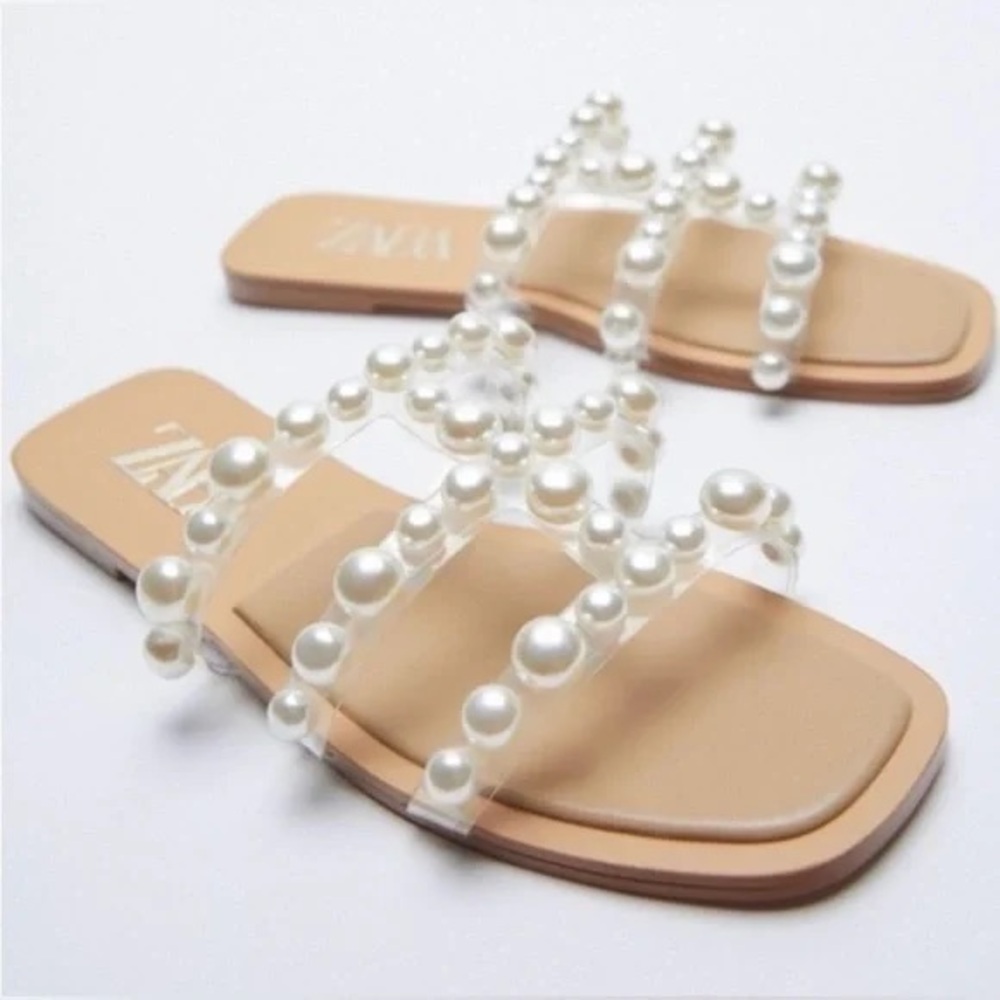 Zara Vinyl Pearl Flat Sandals Size 39